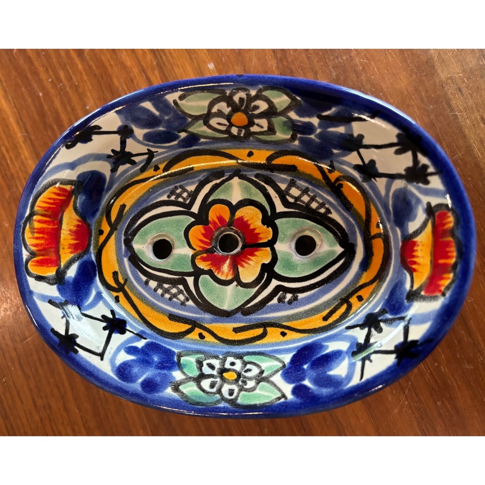 Talavera Soap Dish Hand Painted Mexican Pottery Floral 2 Piece Set Blue Orange